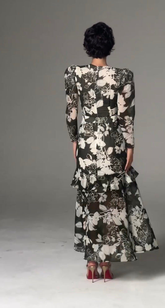 Fashion Vintage Floral Right-Angle Shoulder Ruffles Dress