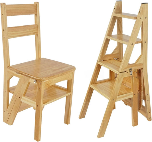 🪑Step Stools Folding Ladder Stair Chair Convertible 3-in-1 Wood Ladder Chair, Indoor display storage rack climbing stool