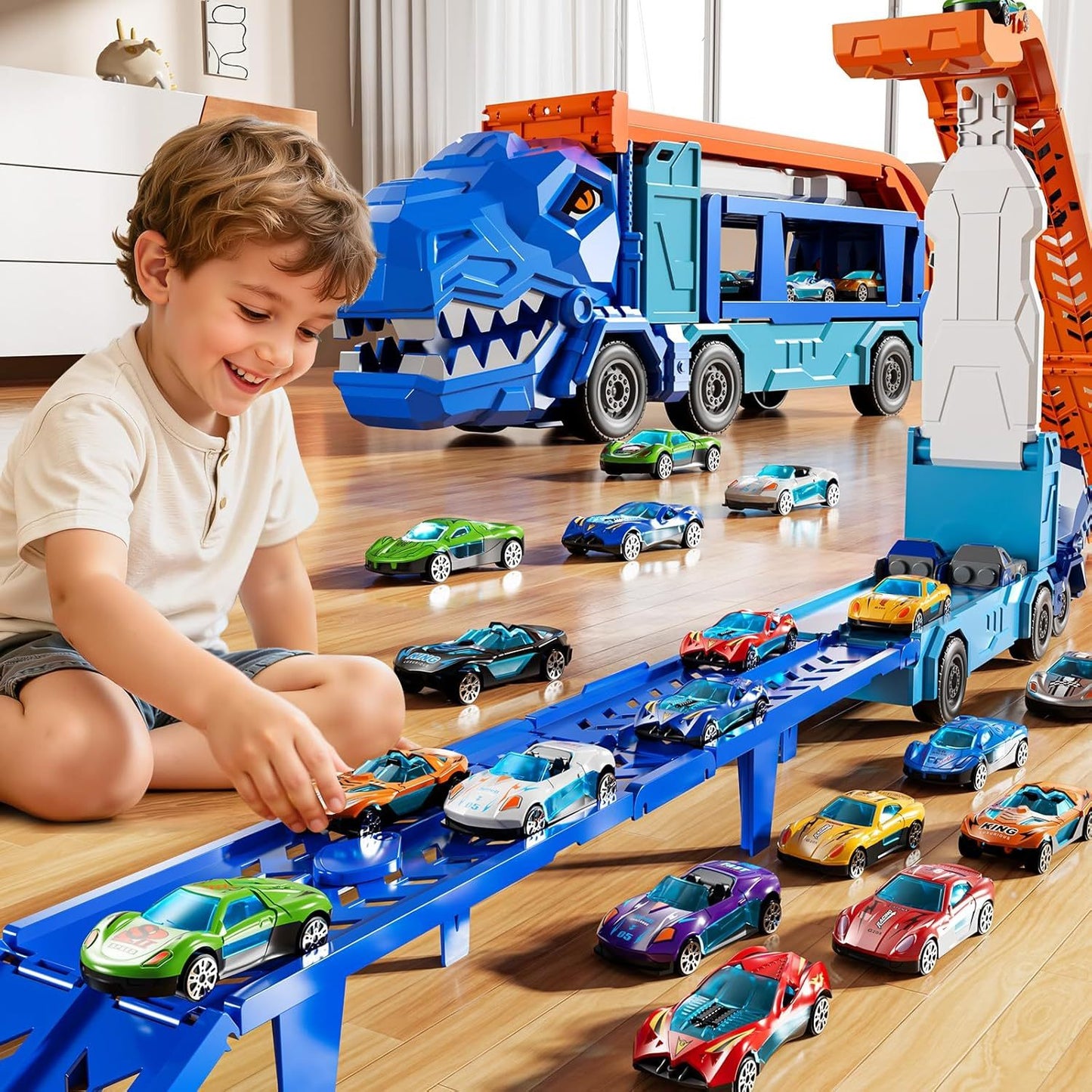 🦕🚗 Dinosaur Truck Track Set with 12 Die-Cast Cars | Fun Toy Gift for Kids 3-8