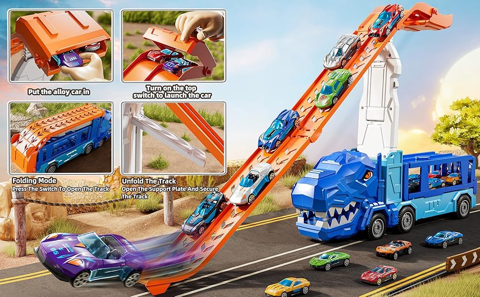🦕🚗 Dinosaur Truck Track Set with 12 Die-Cast Cars | Fun Toy Gift for Kids 3-8